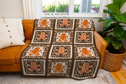 Folklore Farmhouse Gingerbread Blanket Festive Holiday Patchwork Throw | Cozy Cottagecore Christmas Decor Vintage Country Folk Art Accent