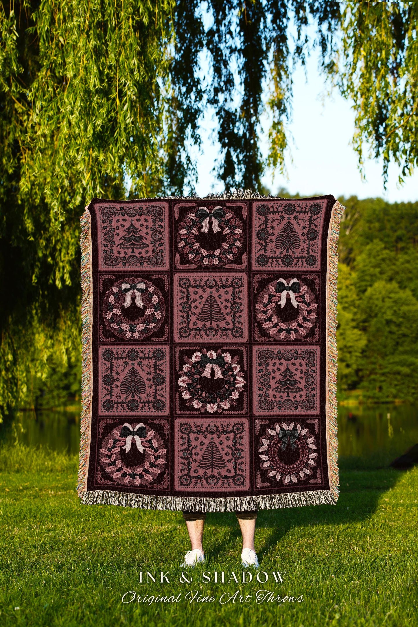 Dark Baroque Cozy Festive Tapestry Throw Romantic Gothic Burgundy Blush Christmas Tree & Wreath Blanket Whimsigothic Victorian Holiday Decor