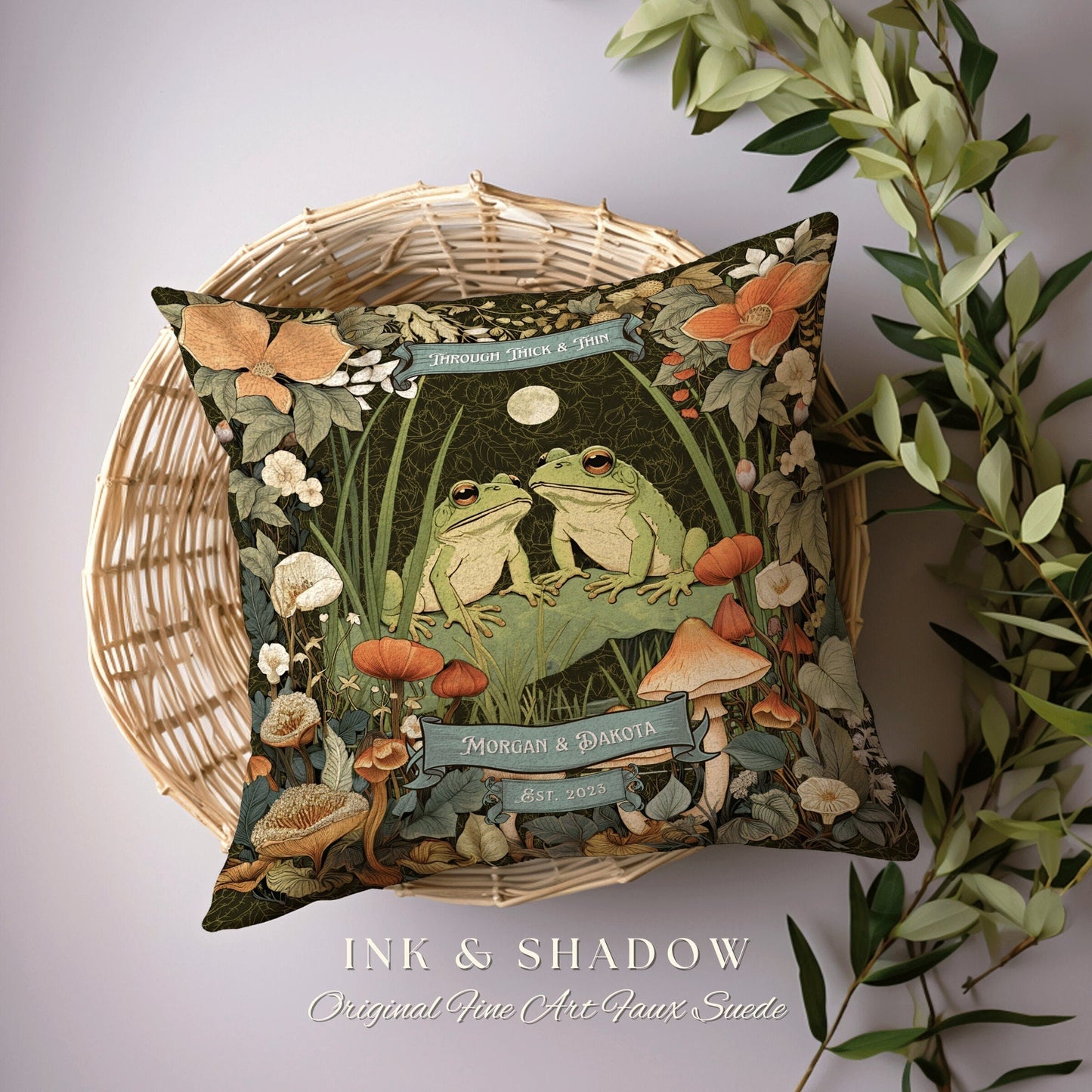 Mushroom Frog Couple Pillow | Woodland Wedding Gift Personalized Woven Throw Pillow Vintage Frog & Toad Pillow Goblincore Custom Anniversary