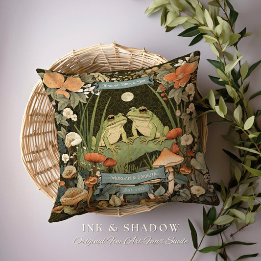 Mushroom Frog Couple Pillow | Woodland Wedding Gift Personalized Woven Throw Pillow Vintage Frog & Toad Pillow Goblincore Custom Anniversary