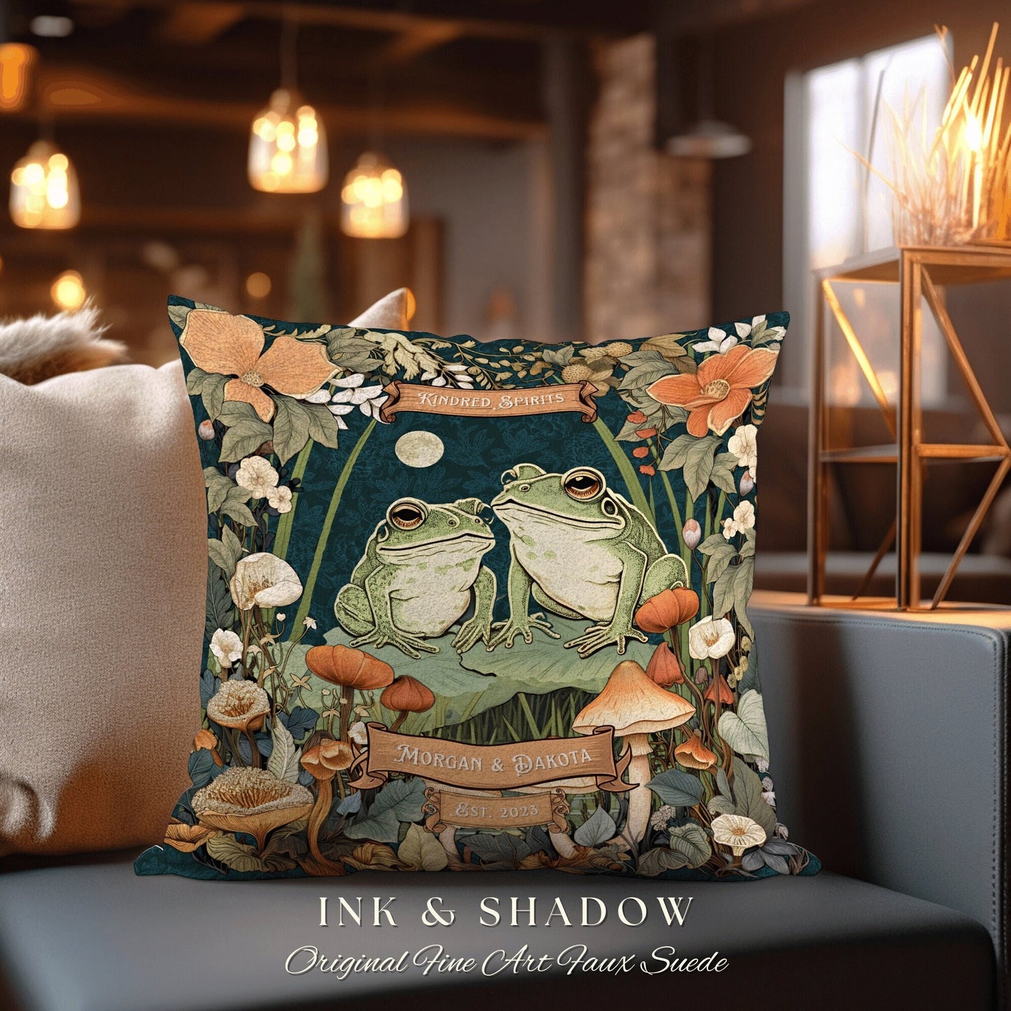 Custom Frog Couple Pillow | Woodland Wedding Gift Personalized Woven Throw Pillow Vintage Frog & Toad Blanket Goblincore Custom Anniversary