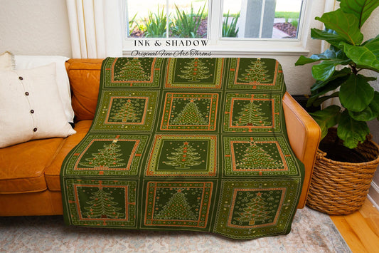 Country Chic Christmas Pine Tree Blanket Farmhouse Olive Green Checkered Throw | Festive Cozy Cabin Cottagecore Classic Retro Holiday Decor