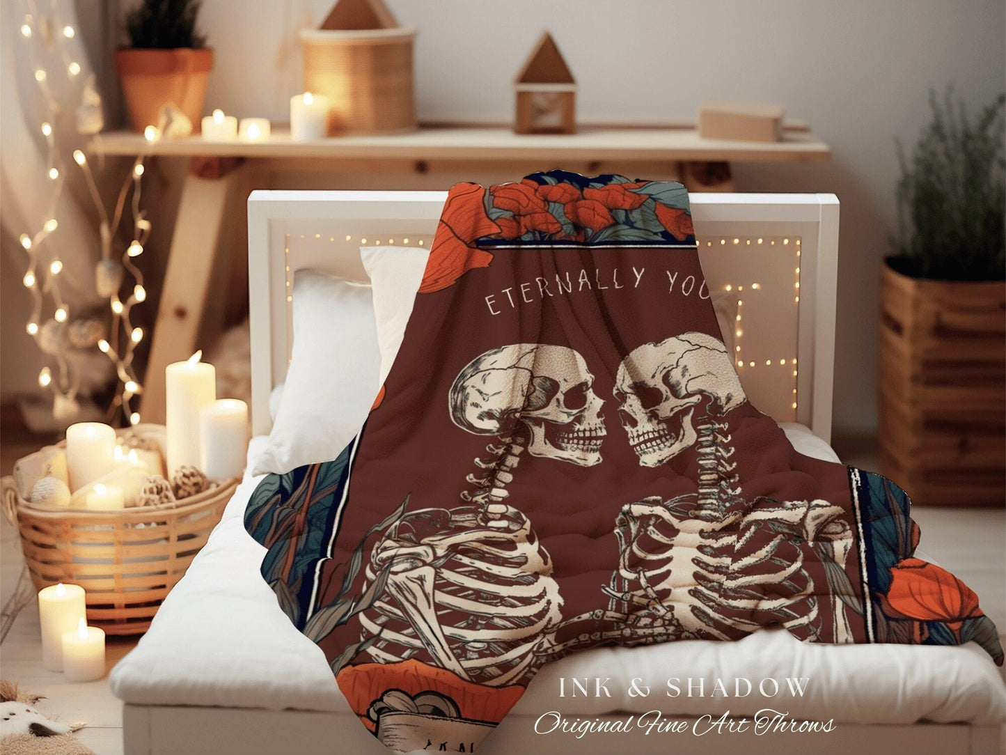 Eternally Yours Skeleton Couple Gift Personalized Tapestry | Gothic Wedding Custom Blanket Woven Tapestry | Spooky Wedding Gift Custom Art |