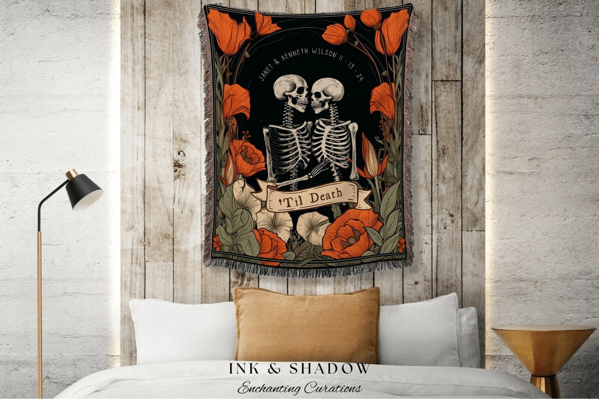 Till Death Do Us Part Personalized Wedding Gift Goth Tapestry Woven Blanket | Skeleton Couple Custom Blanket Goth Engagement Gothic Tapestry