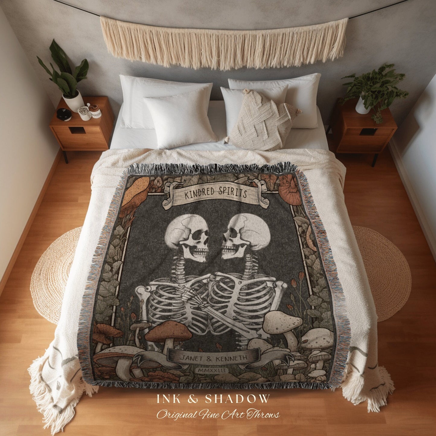 Skeleton Couple Custom Blanket | Cottagecore Wedding Gothic Skeleton Blanket Couples Tapestry Personalized Mr & Mrs Anniversary Blanket |