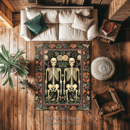 Floral Whimsigoth Skeleton Rug Dark Academia Decor | Dark Moody Botanical Skeleton Art Goth Rug Housewarming Gift Victorian Witchy Room Rug