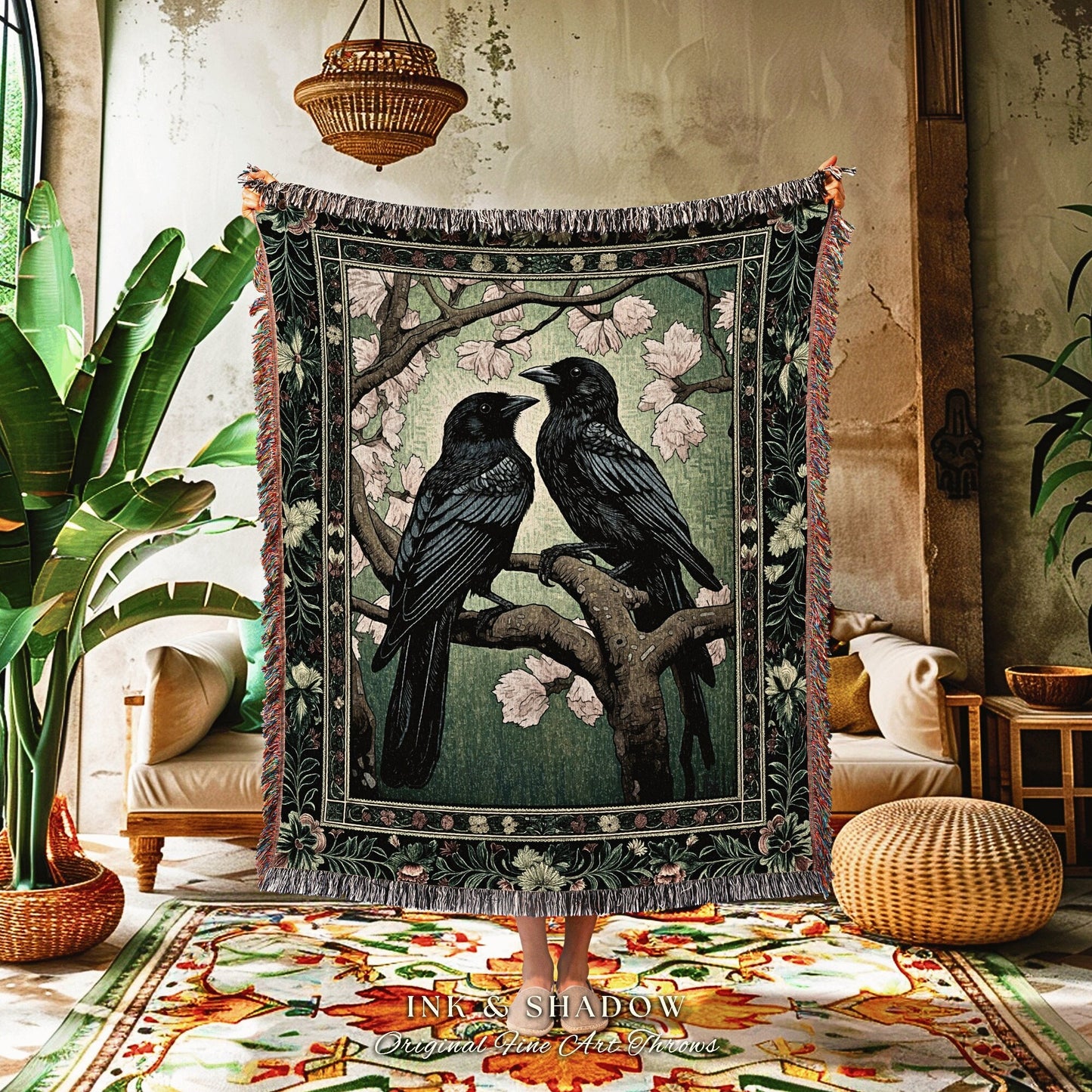 Gothic Black Raven Blanket Crow Woodland Fairycore Aesthetic Bird Art Tapestry Woven Throw Dark Cottagecore Floral Crowcore Whimsigoth Gift