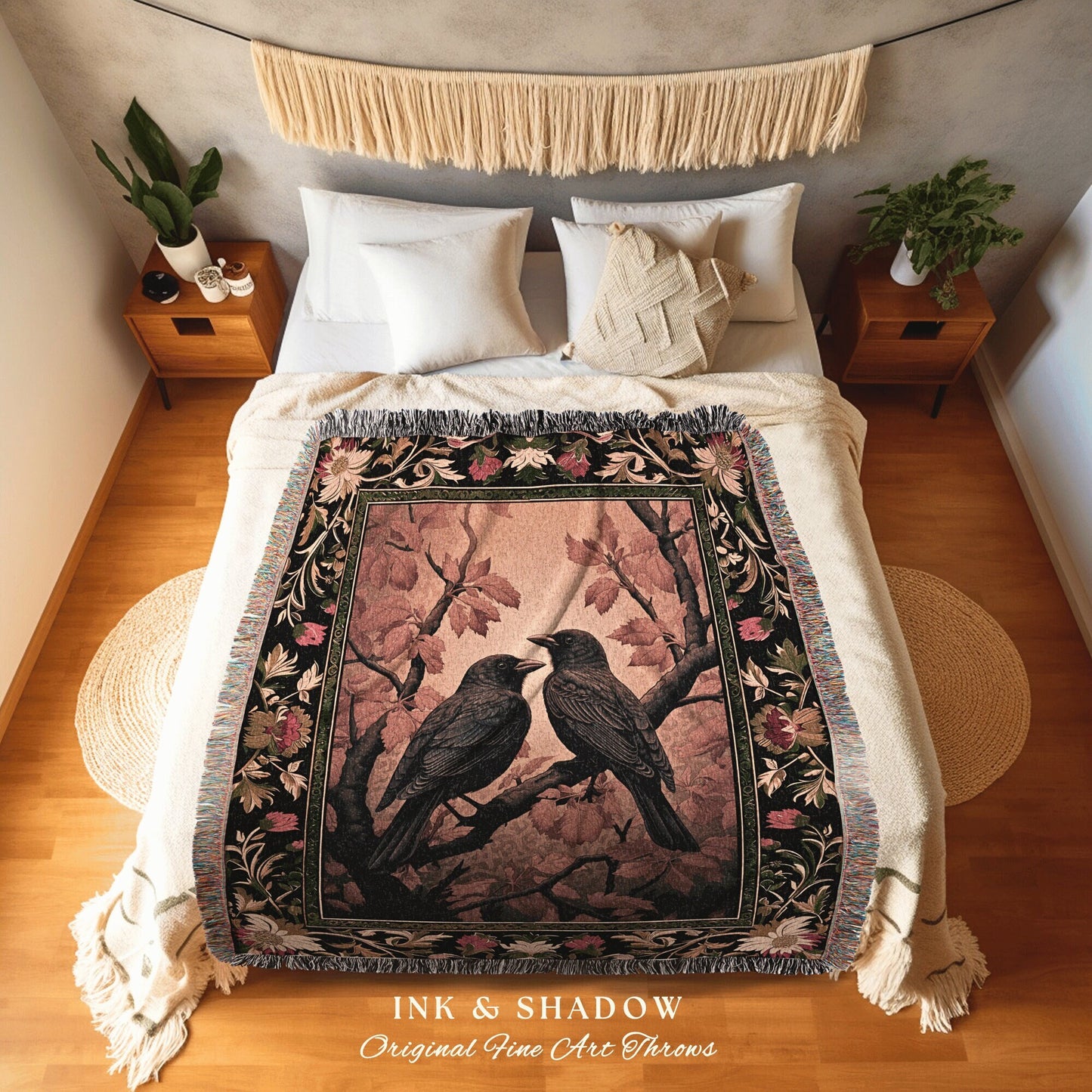 Fall Aesthetic Black Crow Raven Decor Dark Nature Theme Tapestry Edgar Allen Poe Decor Crowcore Tapestry Witchy Gothic Woven Throw Blanket