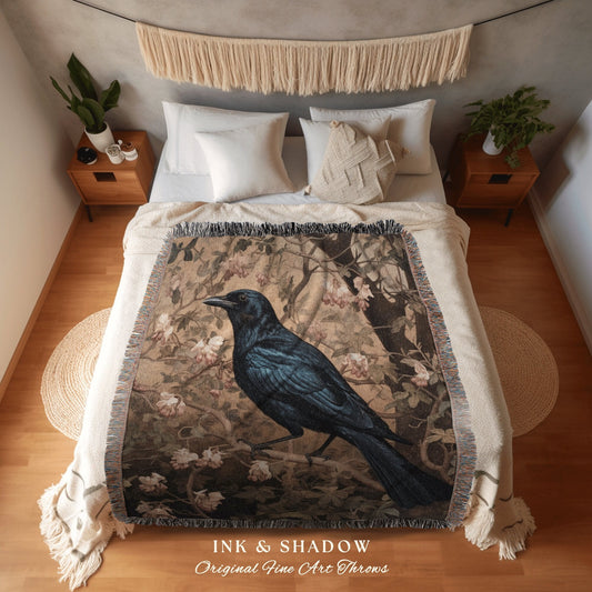 Witchy Crow Blanket Gothic | Woven Throw Blanket Crow William Morris Style Witchy Decor Bedroom Landscape Tapestry Cottagecore Aesthetic Art