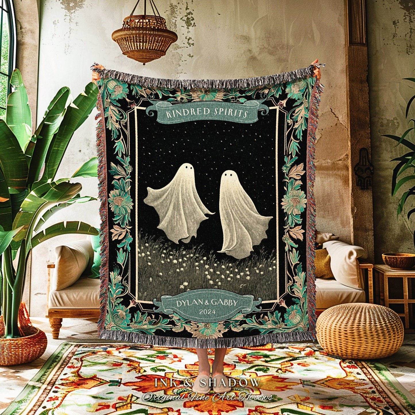 Dreamy Ghost Couple 'Kindred Spirits' Tapestry | Personalized Wedding Blanket Marriage Tapestry Woven Ghost Gifts His & Hers Anniversary |