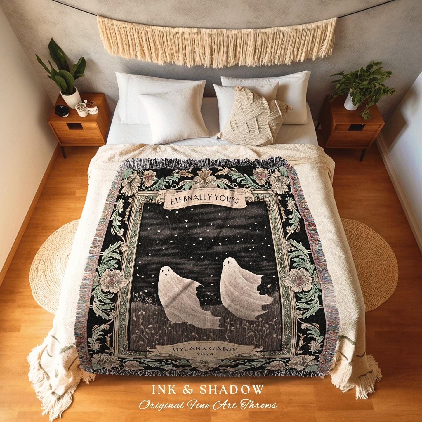 Ghost Lovers Personalized Name Blanket | Dark Cottagecore Custom Gothic Couple Tapestry Woven Throw Mr & Mrs Gift for Partner Meaningful