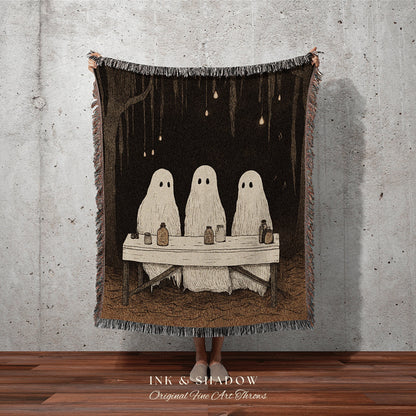 Ghost Family Retro Halloween Decor Blanket Woven | Spooky Cute Ghost Art Woven Tapestry Blanket Halloween Decor Dark Academia Vintage Decor