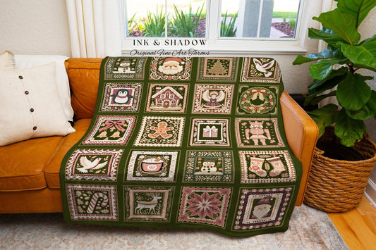 Hygge Cottage Christmas Folk Art Blanket Scandinavian Patchwork Pink & Sage Green Nordic Style Holiday Tapestry Throw Cozy Sort Cottagecore