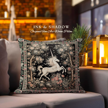 Mystical Folklore Unicorn Pillow Whimsical Soft Cottagecore Floral Decor | Woodland Fairycore Tapestry Cushion Magical Forestcore Art Accent