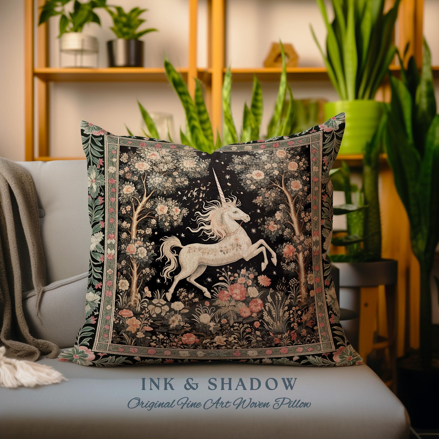 Mystical Folklore Unicorn Pillow Whimsical Soft Cottagecore Floral Decor | Woodland Fairycore Tapestry Cushion Magical Forestcore Art Accent