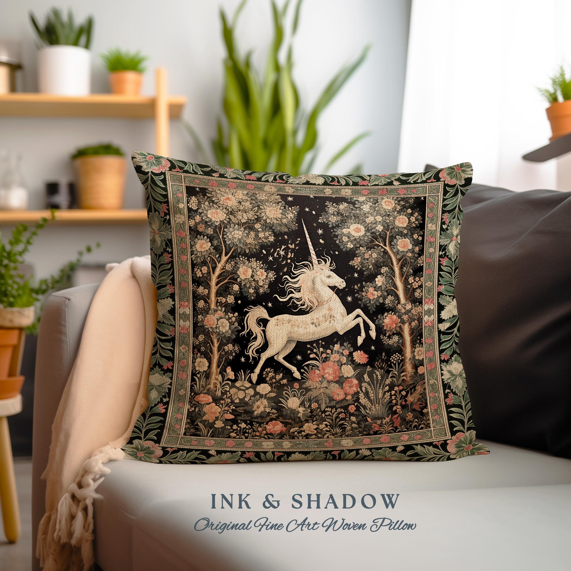 Mystical Folklore Unicorn Pillow Whimsical Soft Cottagecore Floral Decor | Woodland Fairycore Tapestry Cushion Magical Forestcore Art Accent