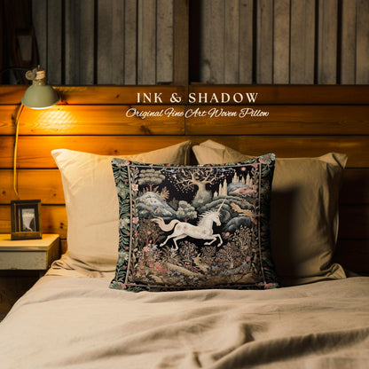 Fairytale Unicorn Pillow Mystical Folklore Aesthetic Whimsical Forestcore | Fairycore Cottagecore Magic Woodland Art Woven Tapestry Cushion