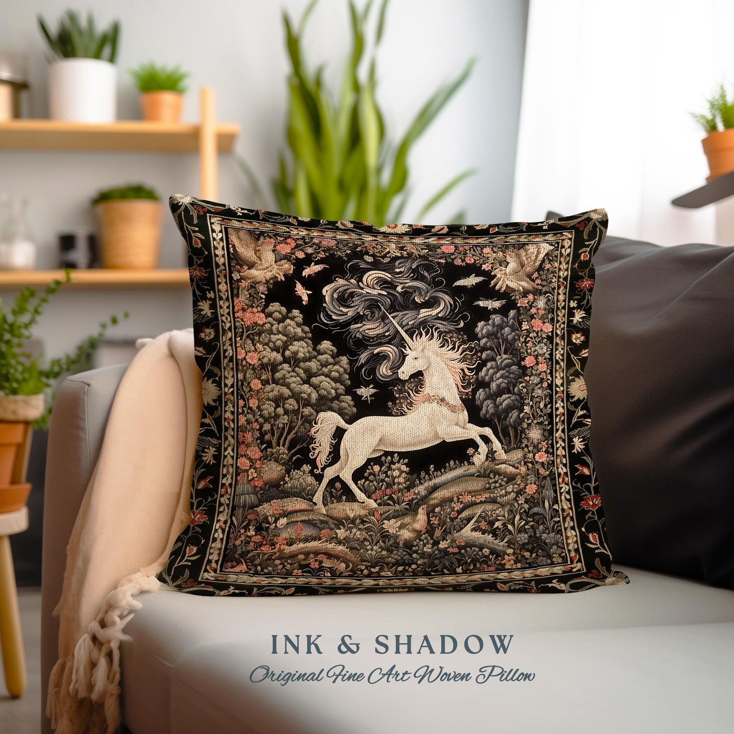 Enchanted Unicorn Pillow Fairytale Art Aesthetic Cottagecore Mystical Art Nouveau | Woodland Fantasy Fairycore Woven Tapestry Cushion Accent