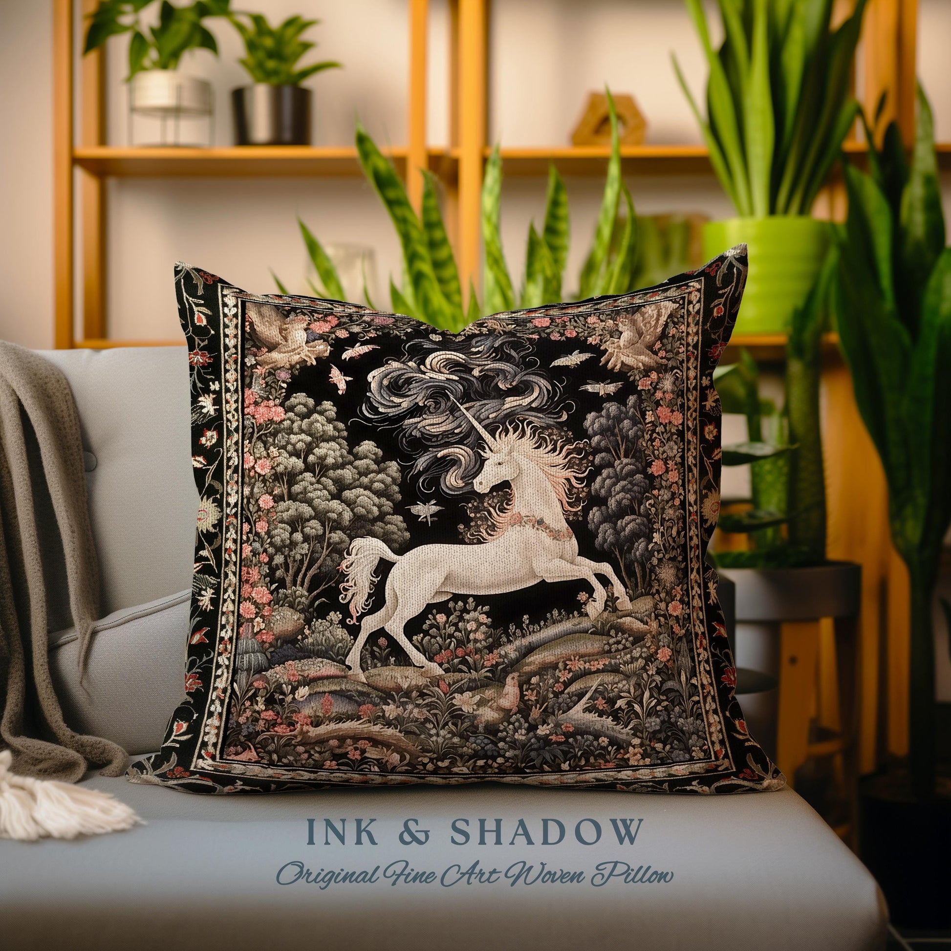 Enchanted Unicorn Pillow Fairytale Art Aesthetic Cottagecore Mystical Art Nouveau | Woodland Fantasy Fairycore Woven Tapestry Cushion Accent