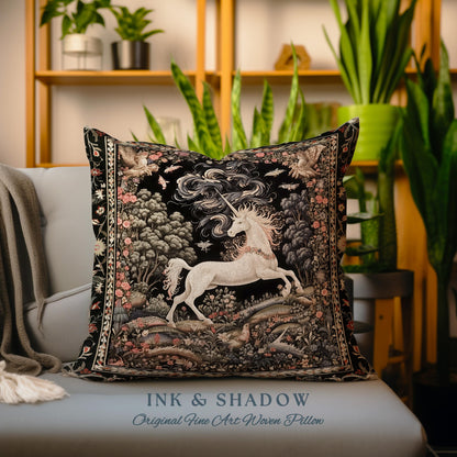 Enchanted Unicorn Pillow Fairytale Art Aesthetic Cottagecore Mystical Art Nouveau | Woodland Fantasy Fairycore Woven Tapestry Cushion Accent