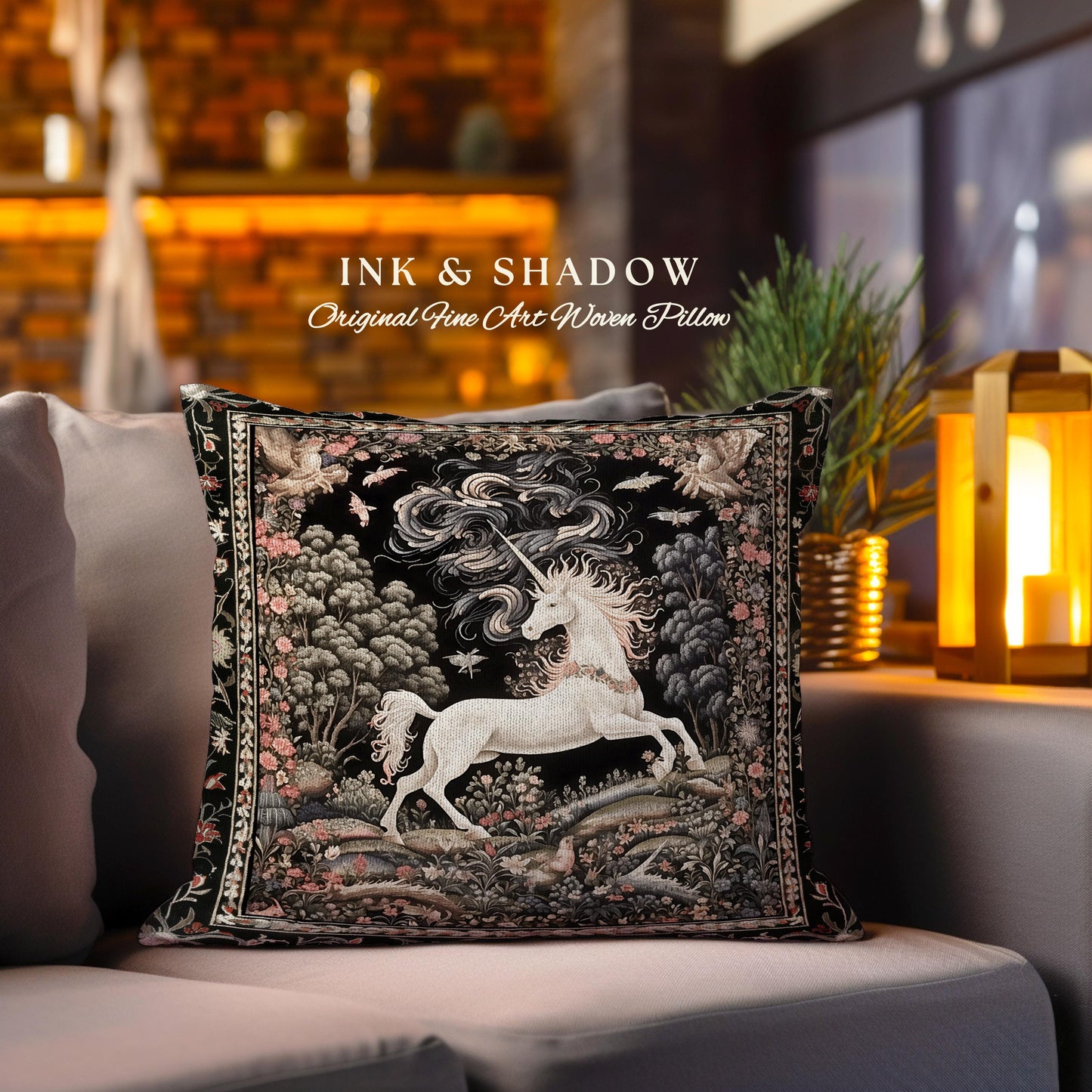 Enchanted Unicorn Pillow Fairytale Art Aesthetic Cottagecore Mystical Art Nouveau | Woodland Fantasy Fairycore Woven Tapestry Cushion Accent