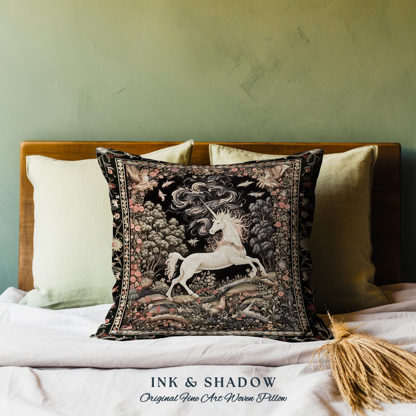 Enchanted Unicorn Pillow Fairytale Art Aesthetic Cottagecore Mystical Art Nouveau | Woodland Fantasy Fairycore Woven Tapestry Cushion Accent