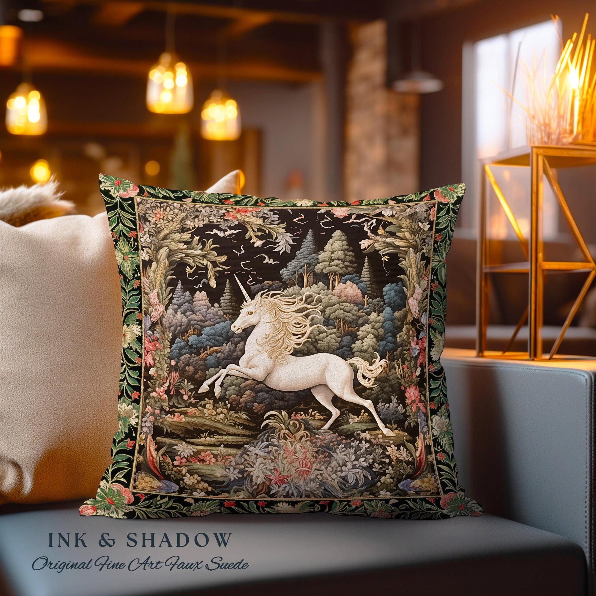 Whimsical Folklore Unicorn Pillow Mystical Botanical Cottagecore Decor | Morris Style Fairycore Art Princesscore Aesthetic Tapestry Cushion