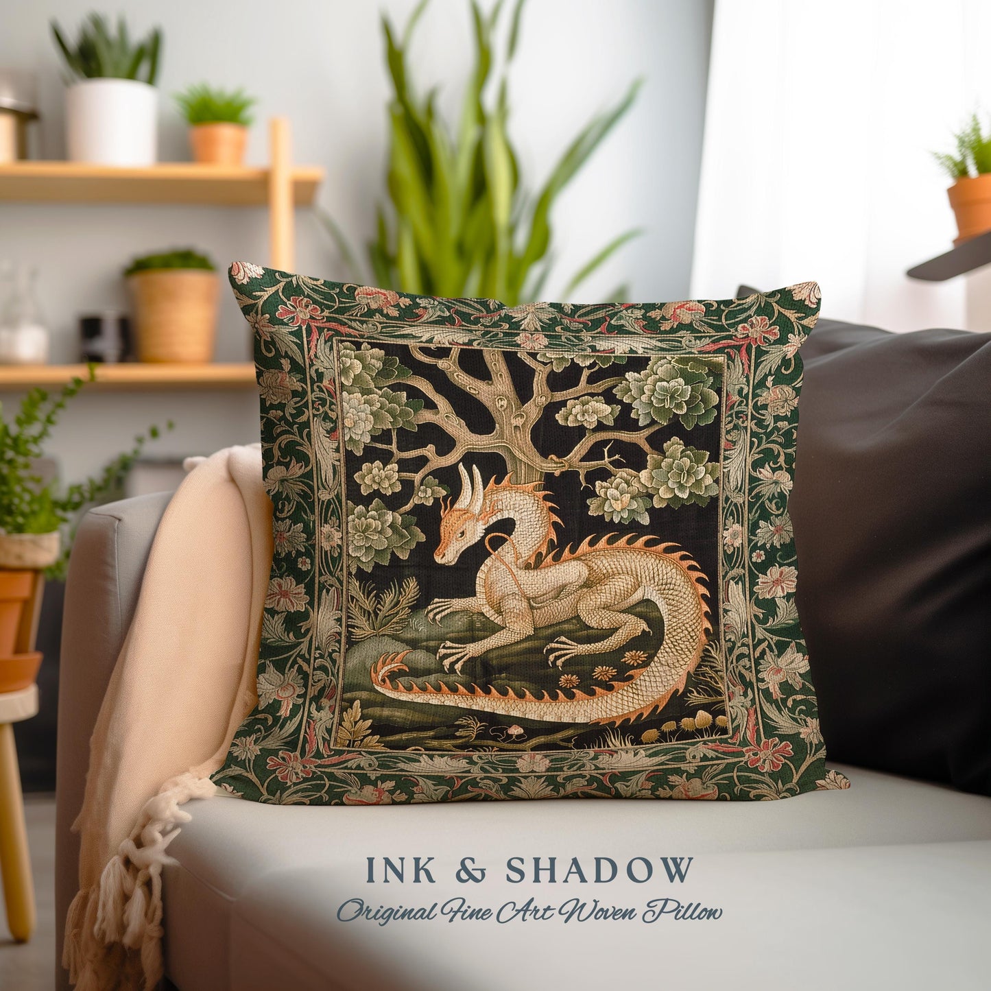 Medieval Dragon Pillow Enchanted Forest Fantasy Art Decor | Victorian Gothic Cottagecore Tapestry Cushion Whimsical Mythical Woodland Accent