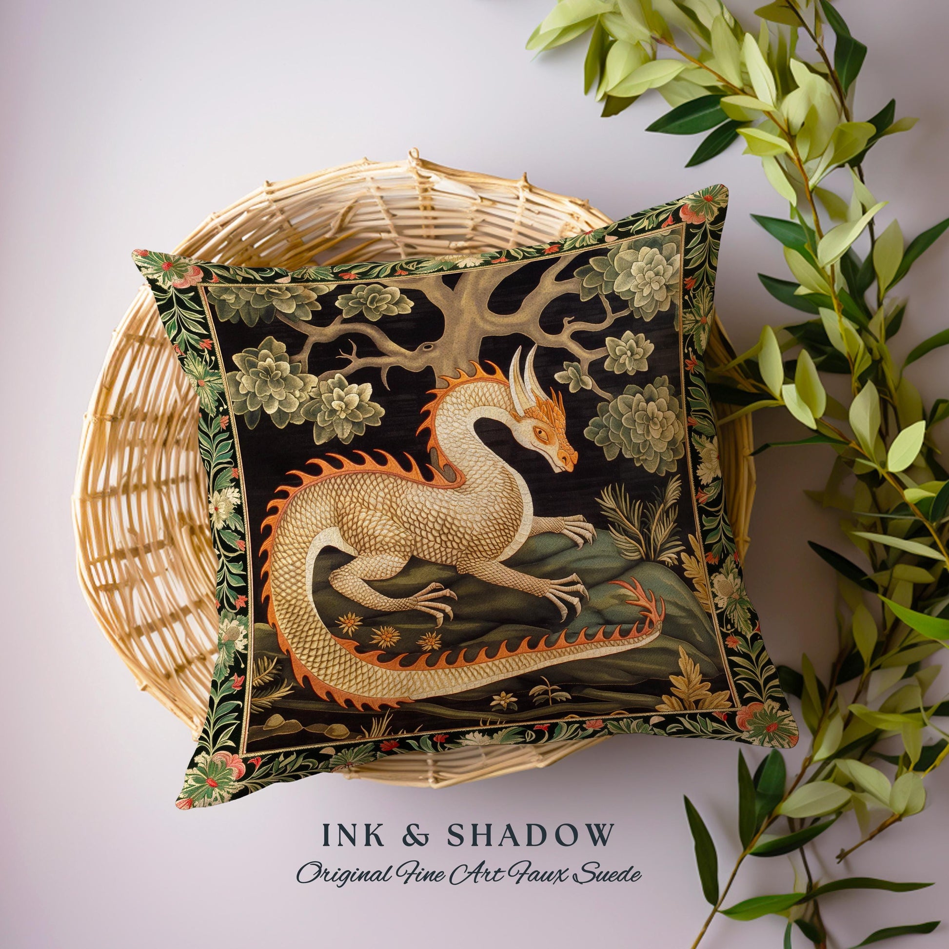 Mystic Medieval Dragon Pillow Whimsigothic Home Decor | Magical Forestcore Vintage Aesthetic Cushion Maximalist Woodland Gothic Art Accent