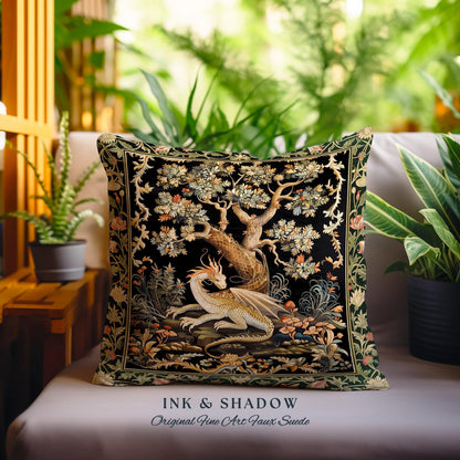 Dragon Tree of Life Woven Pillow Medieval Fairytale Decor | Cottagecore Fairycore Aesthetic Mystical Tapestry Cushion Fantasy Inspired Art