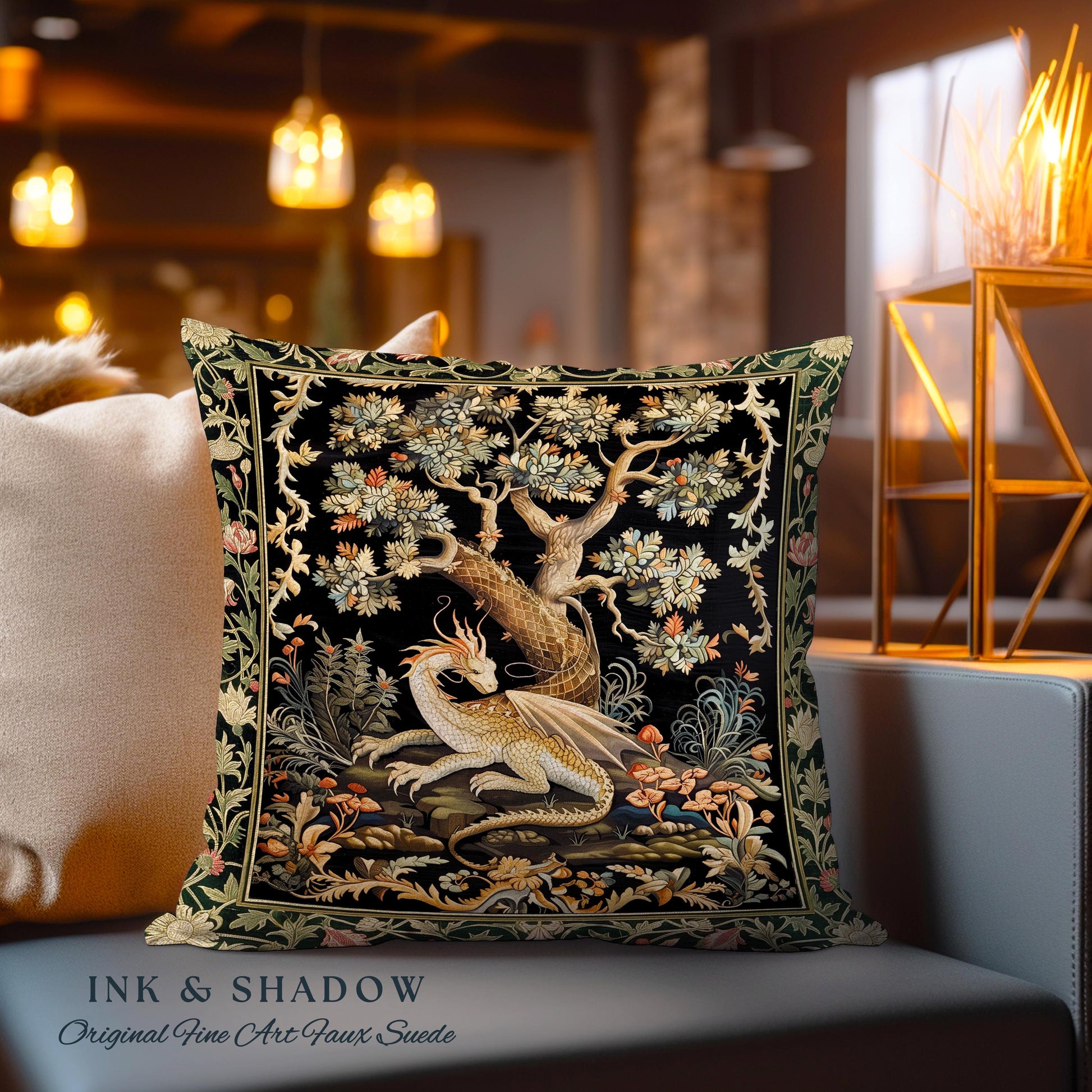 Dragon Tree of Life Woven Pillow Medieval Fairytale Decor | Cottagecore Fairycore Aesthetic Mystical Tapestry Cushion Fantasy Inspired Art