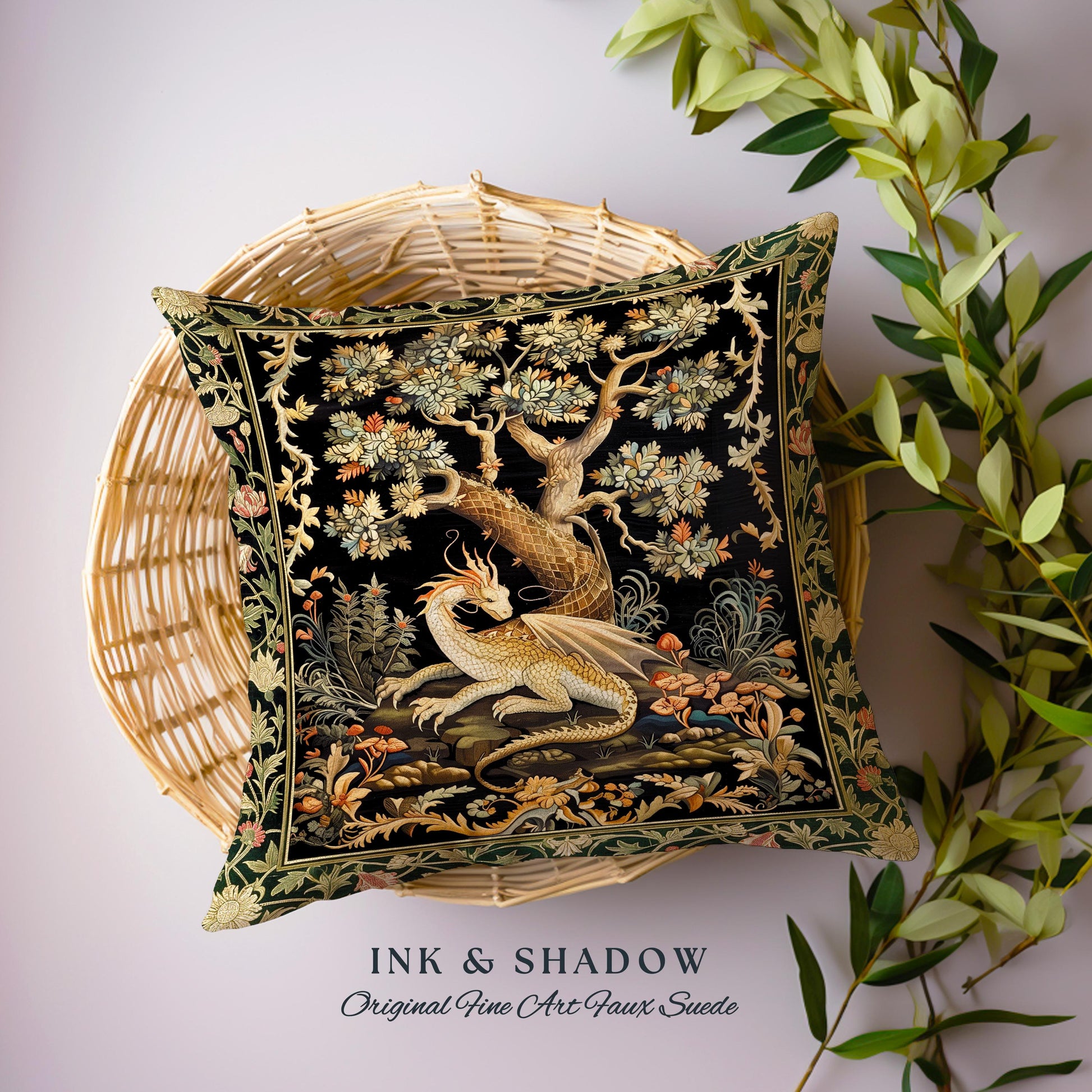 Dragon Tree of Life Woven Pillow Medieval Fairytale Decor | Cottagecore Fairycore Aesthetic Mystical Tapestry Cushion Fantasy Inspired Art