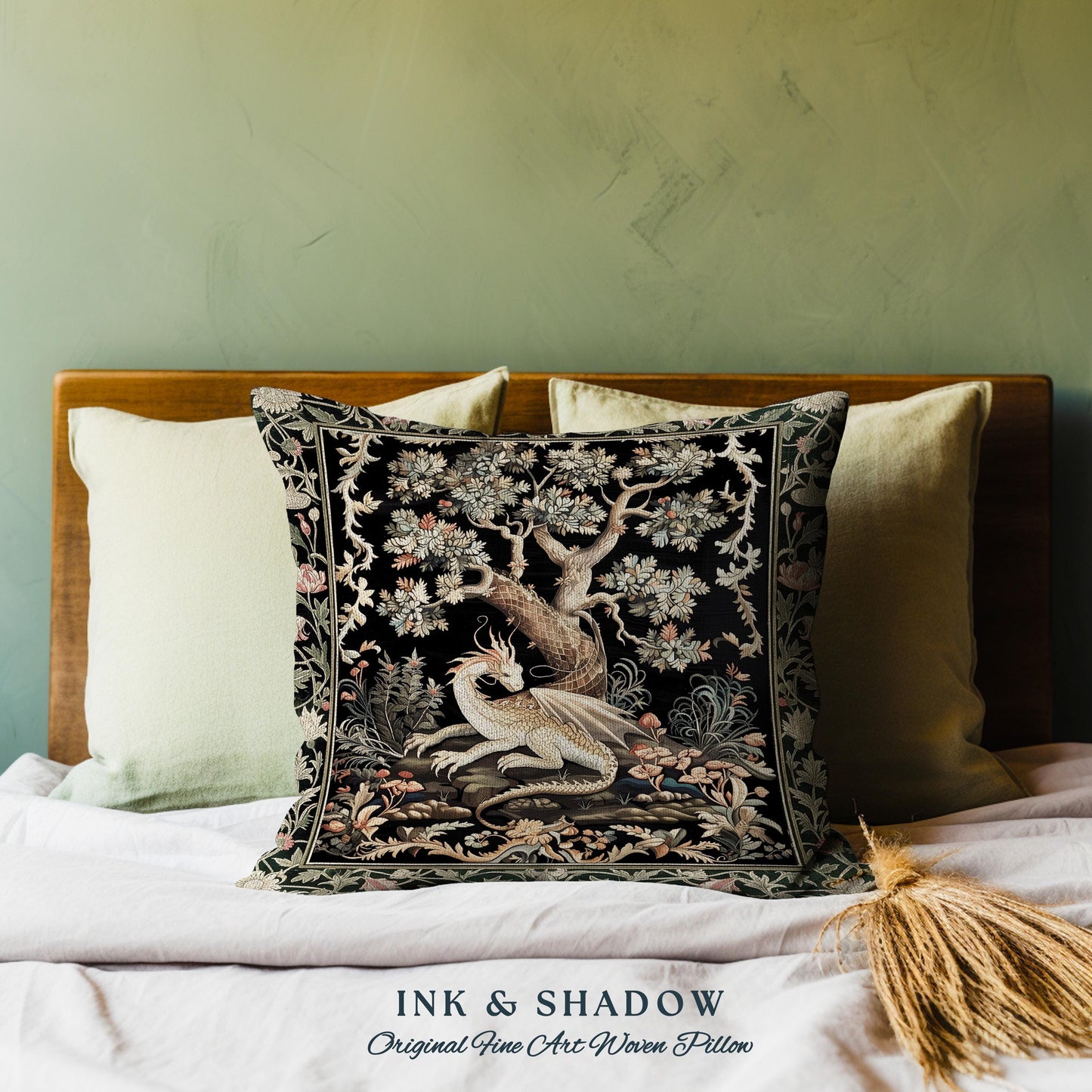 Dragon Tree of Life Woven Pillow Medieval Fairytale Decor | Cottagecore Fairycore Aesthetic Mystical Tapestry Cushion Fantasy Inspired Art