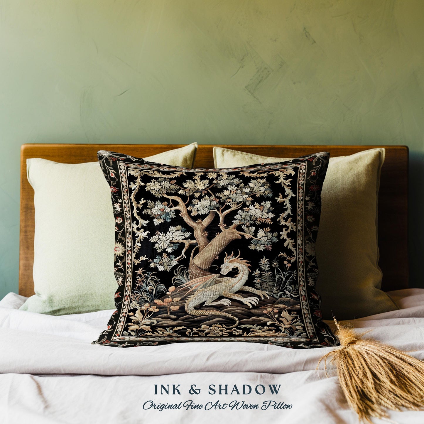 Fantasy Inspired Dragon Pillow Dark Academia Book Nook Decor | Gothic Maximalist Aesthetic Fairytale Magical Forestcore Game Room Cushion