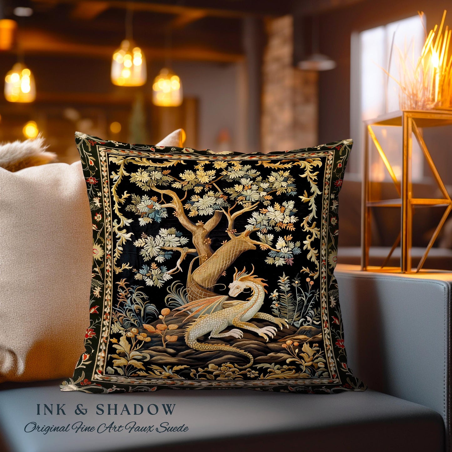 Fantasy Inspired Dragon Pillow Dark Academia Book Nook Decor | Gothic Maximalist Aesthetic Fairytale Magical Forestcore Game Room Cushion