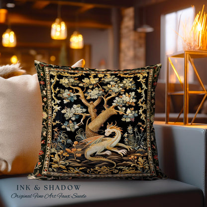 Fantasy Inspired Dragon Pillow Dark Academia Book Nook Decor | Gothic Maximalist Aesthetic Fairytale Magical Forestcore Game Room Cushion