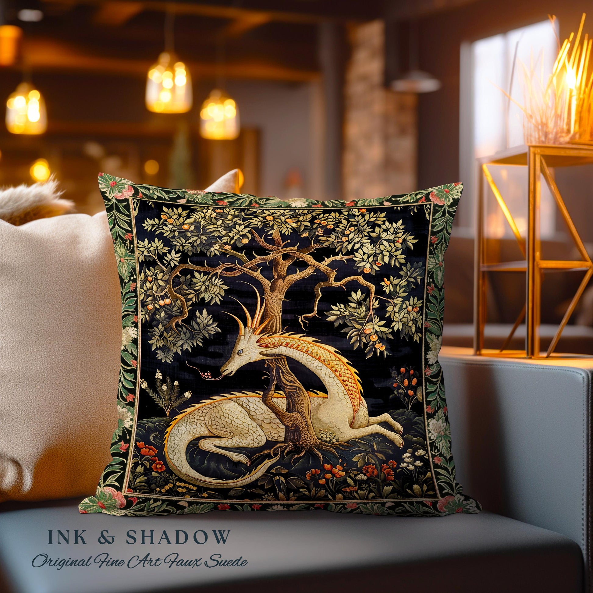 Dark Academia Dragon Pillow Medieval Folklore Decor | Fairytale Inspired Dark Cottagecore Fairycore Cushion Mystical Gothic Game Room Accent