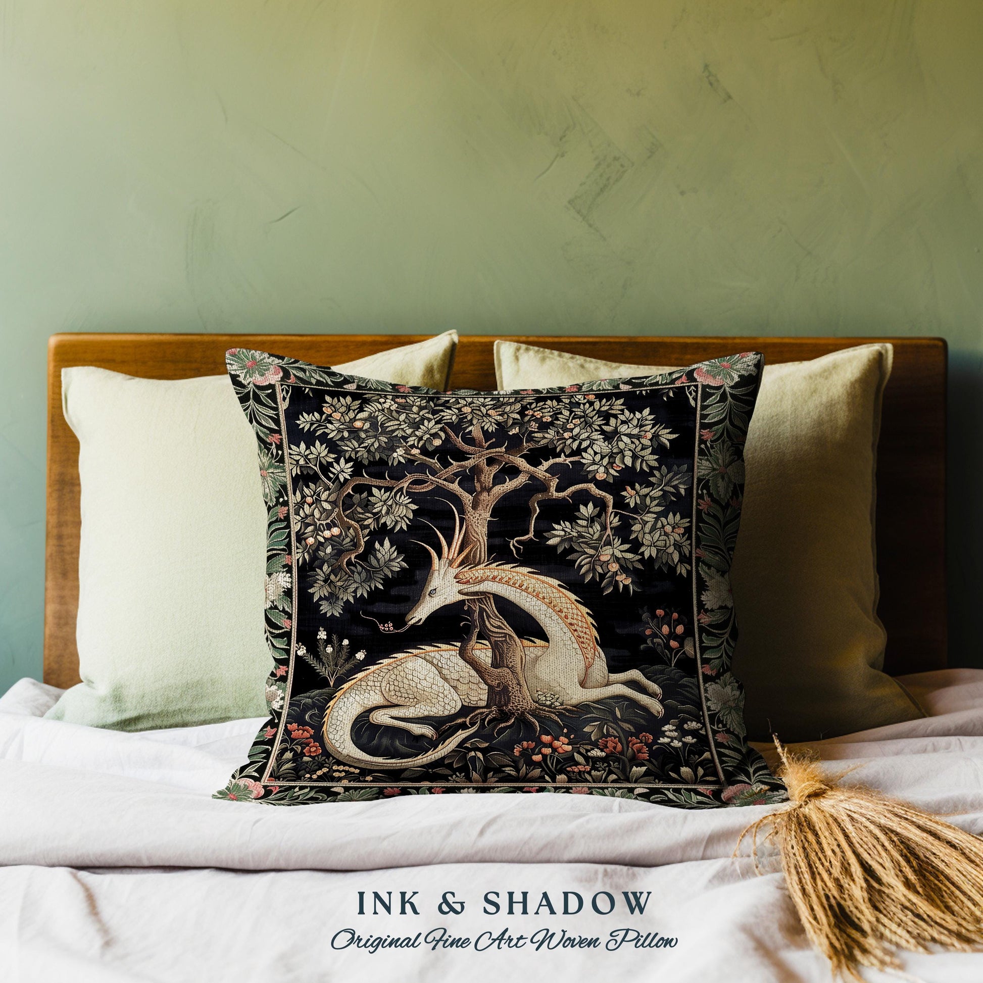 Dark Academia Dragon Pillow Medieval Folklore Decor | Fairytale Inspired Dark Cottagecore Fairycore Cushion Mystical Gothic Game Room Accent