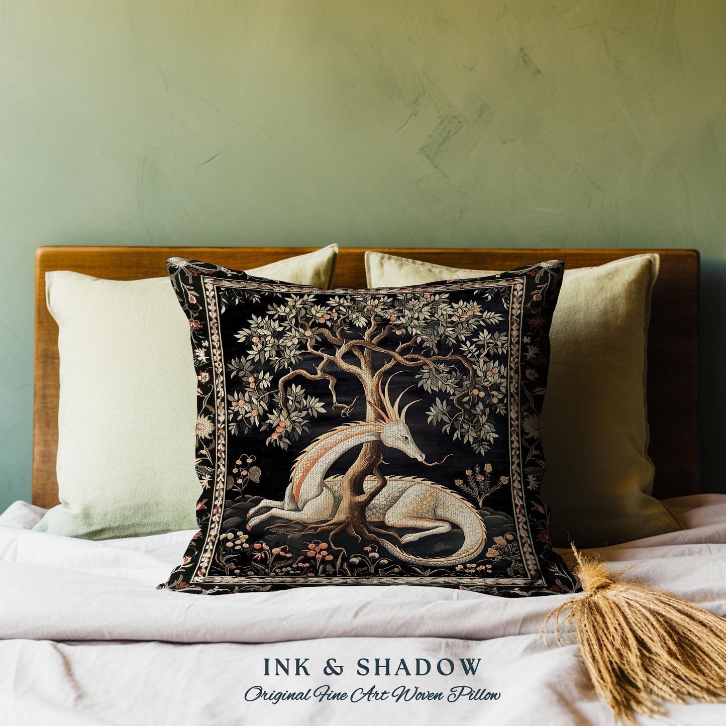 Folklore Dragon Pillow Mystical Medieval Aesthetic Cottagecore Botanical Decor | Fairytale Forest Gothic Woodland Fairycore Tapestry Cushion