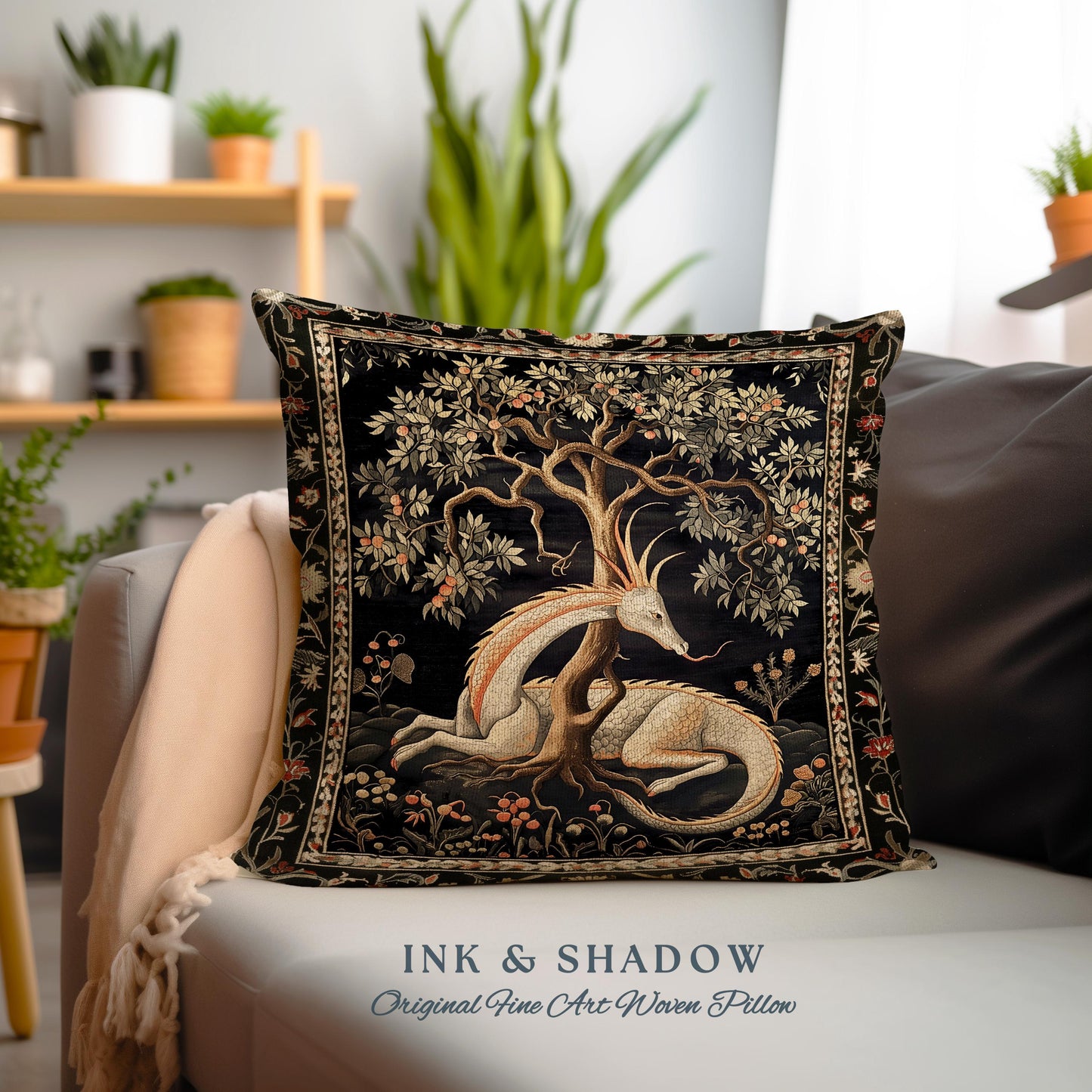 Folklore Dragon Pillow Mystical Medieval Aesthetic Cottagecore Botanical Decor | Fairytale Forest Gothic Woodland Fairycore Tapestry Cushion