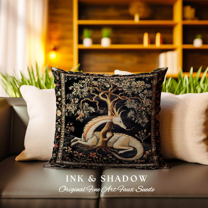 Folklore Dragon Pillow Mystical Medieval Aesthetic Cottagecore Botanical Decor | Fairytale Forest Gothic Woodland Fairycore Tapestry Cushion