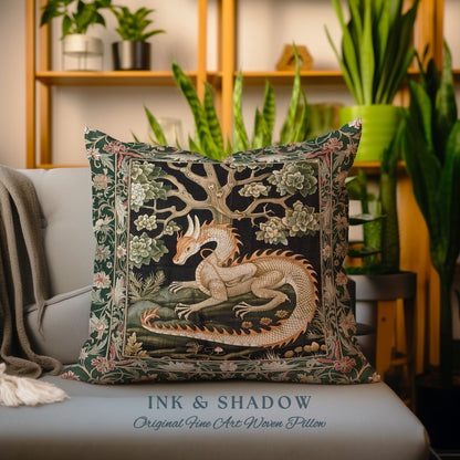 Medieval Dragon Pillow Enchanted Forest Fantasy Art Decor | Victorian Gothic Cottagecore Tapestry Cushion Whimsical Mythical Woodland Accent