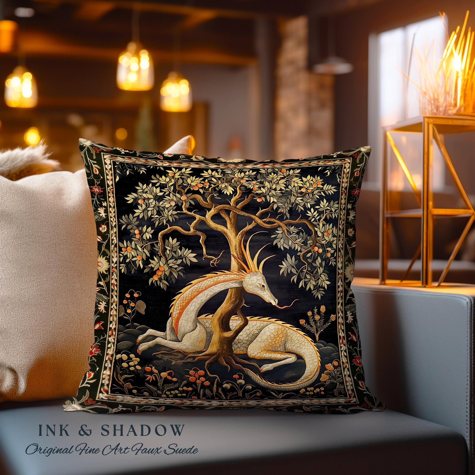 Folklore Dragon Pillow Mystical Medieval Aesthetic Cottagecore Botanical Decor | Fairytale Forest Gothic Woodland Fairycore Tapestry Cushion