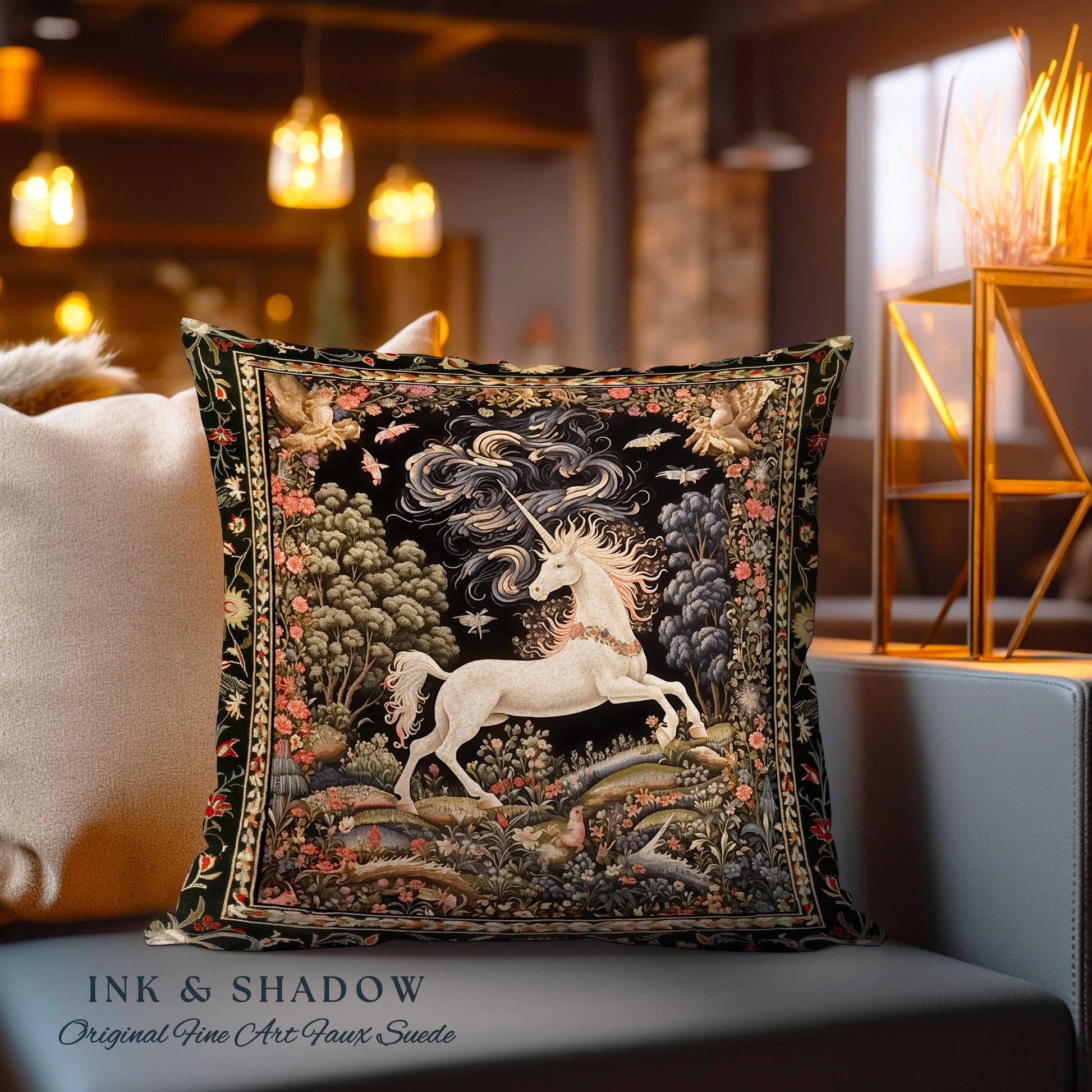 Enchanted Unicorn Pillow Fairytale Art Aesthetic Cottagecore Mystical Art Nouveau | Woodland Fantasy Fairycore Woven Tapestry Cushion Accent