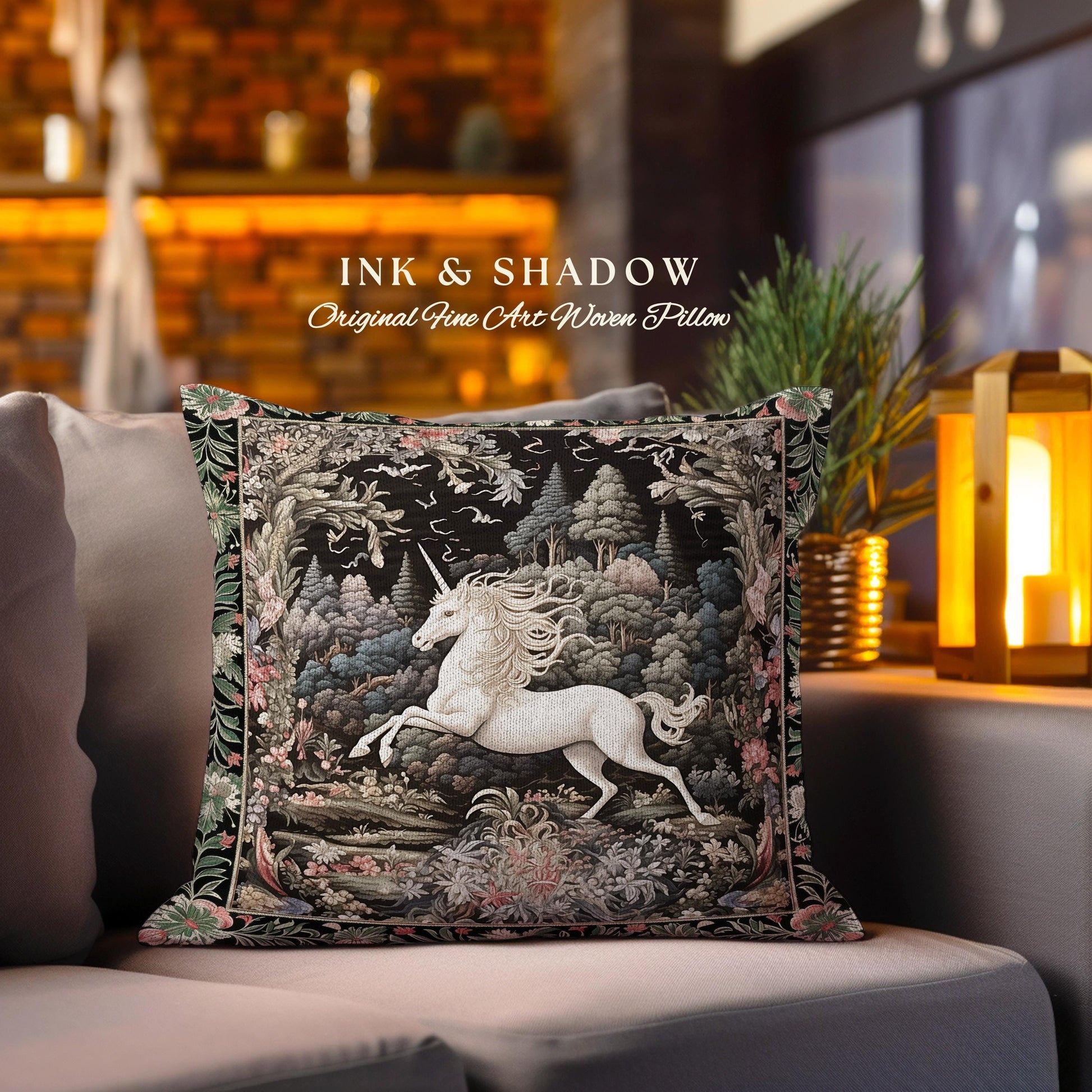 Whimsical Folklore Unicorn Pillow Mystical Botanical Cottagecore Decor | Morris Style Fairycore Art Princesscore Aesthetic Tapestry Cushion