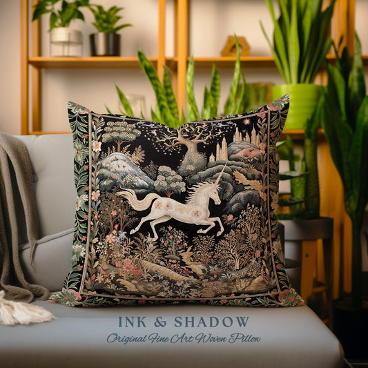 Fairytale Unicorn Pillow Mystical Folklore Aesthetic Whimsical Forestcore | Fairycore Cottagecore Magic Woodland Art Woven Tapestry Cushion