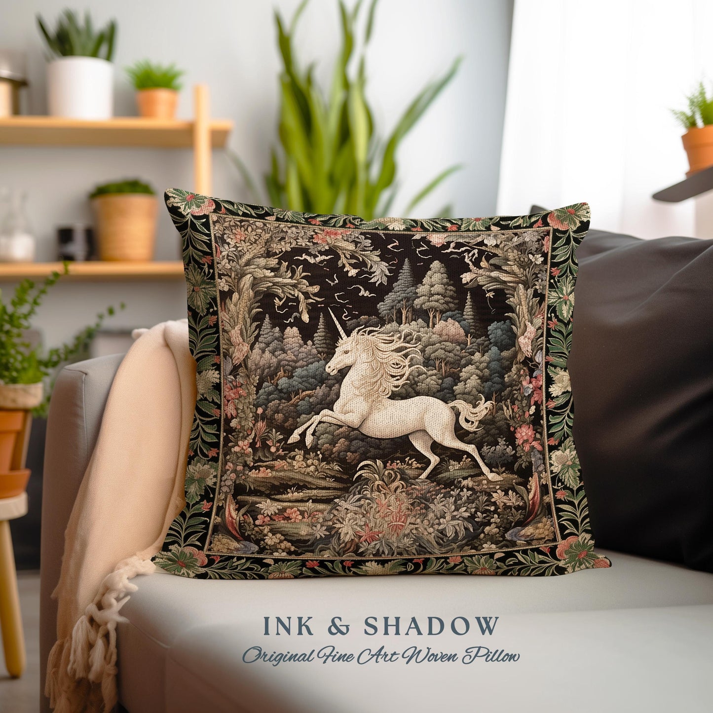 Whimsical Folklore Unicorn Pillow Mystical Botanical Cottagecore Decor | Morris Style Fairycore Art Princesscore Aesthetic Tapestry Cushion