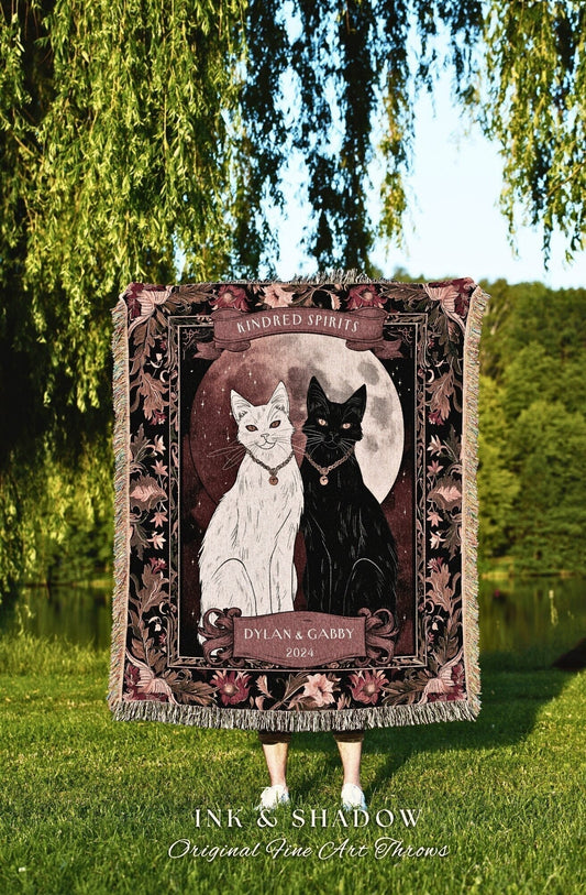 Mystic Cat Couple Woven Blanket Witchy Cottagecore Aesthetic Tapestry Throw Custom Mr & Mrs Gift for Cat Lover Personalized Anniversary Gift