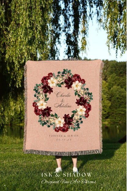 Couples Anniversary Blanket | Custom Wreath Monogram Blanket Woven Tapestry Personalized Initials Gift Cottagecore Wedding Anniversary Gift