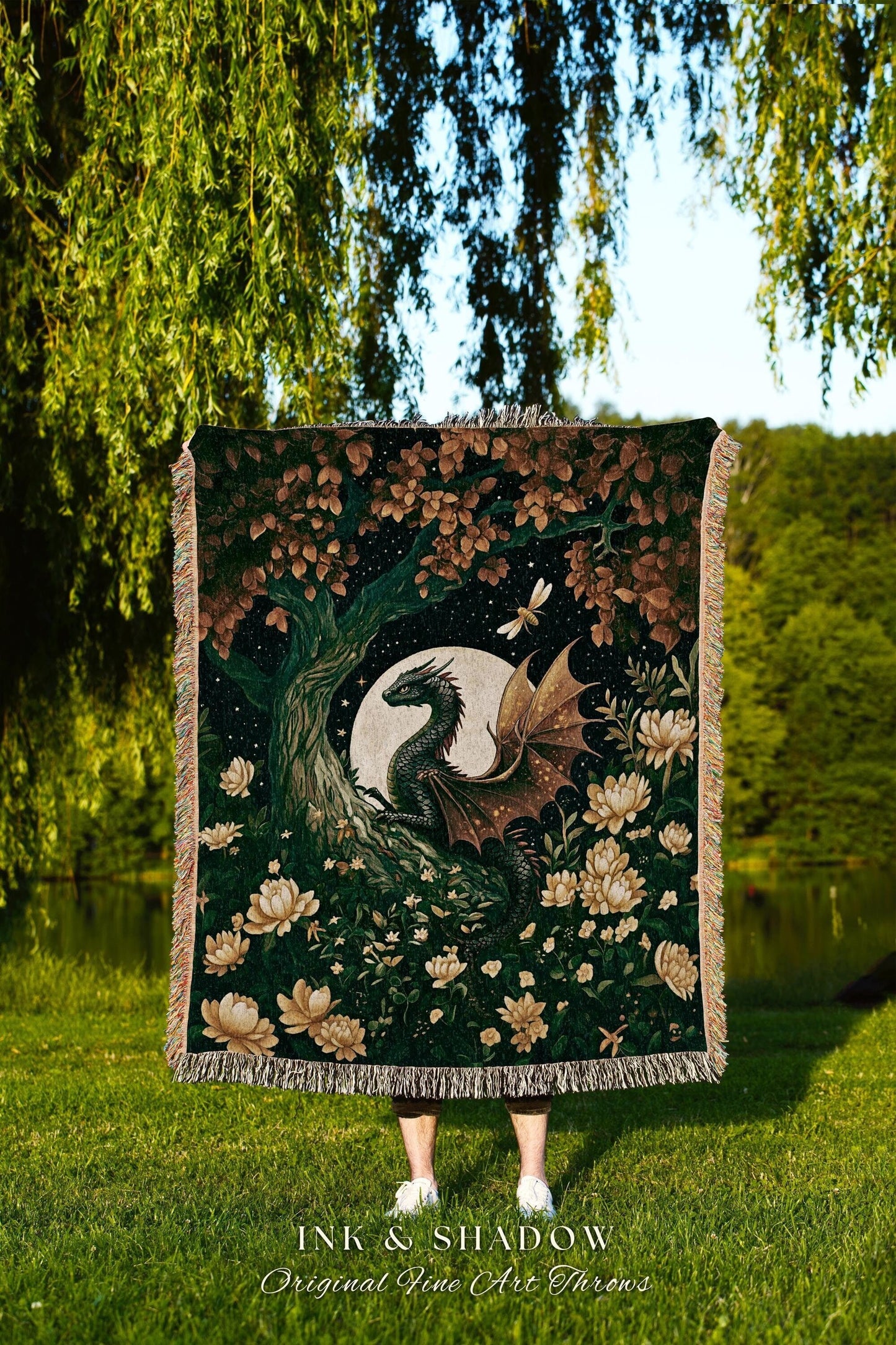 Mystical Forest Green Woodland Gothic Dragon Blanket Full Moon Celestial Magic Fantasy Art | Whimsigothic Enchanted Fairytale Tapestry Throw